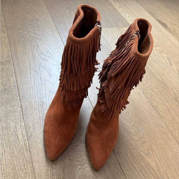 Schutz Kassia Brown Suede Fringe Ankle Boots Heeled Western Boho Boots - Size 40 - Picture 4 of 12